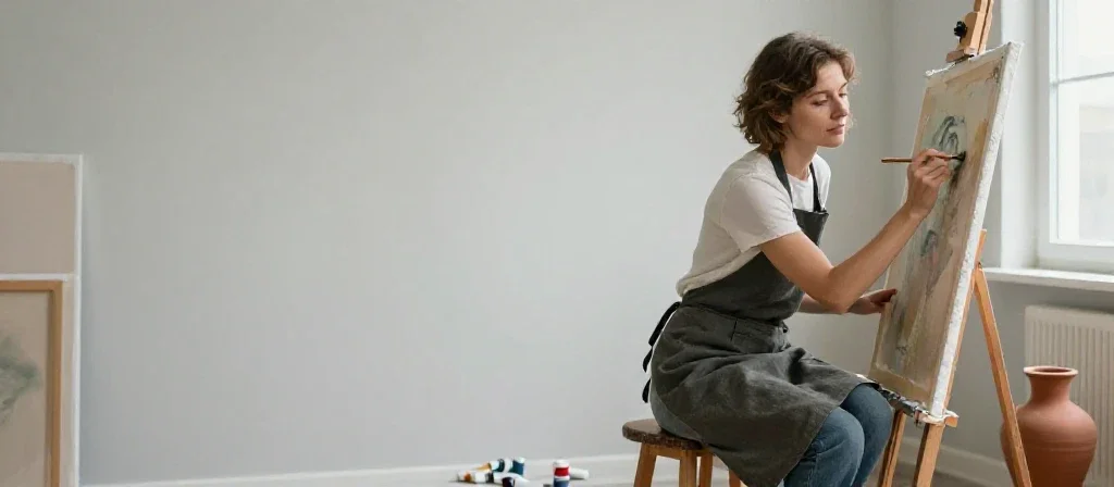 Une artiste peintre française travaille dans son atelier, illustrant la créativité au cœur du quotidien.