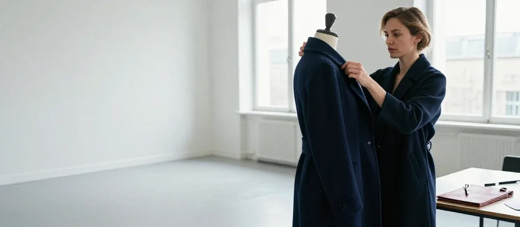 Créatrice de mode française ajustant un manteau en laine dans un studio de design lumineux.