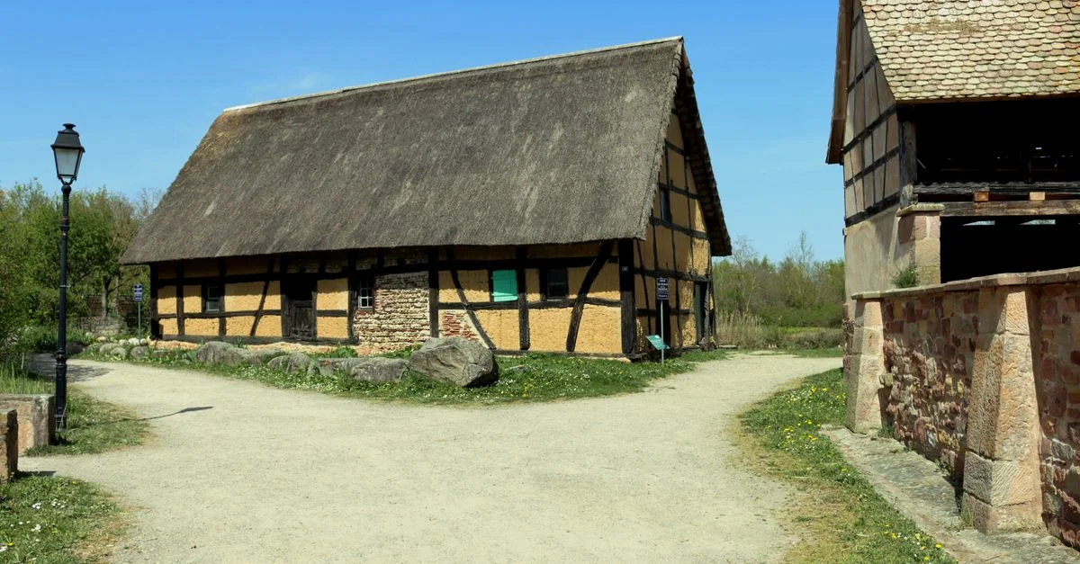 Maison rustique à colombages avec toit de chaume à Ungersheim, France, sous un ciel bleu clair.