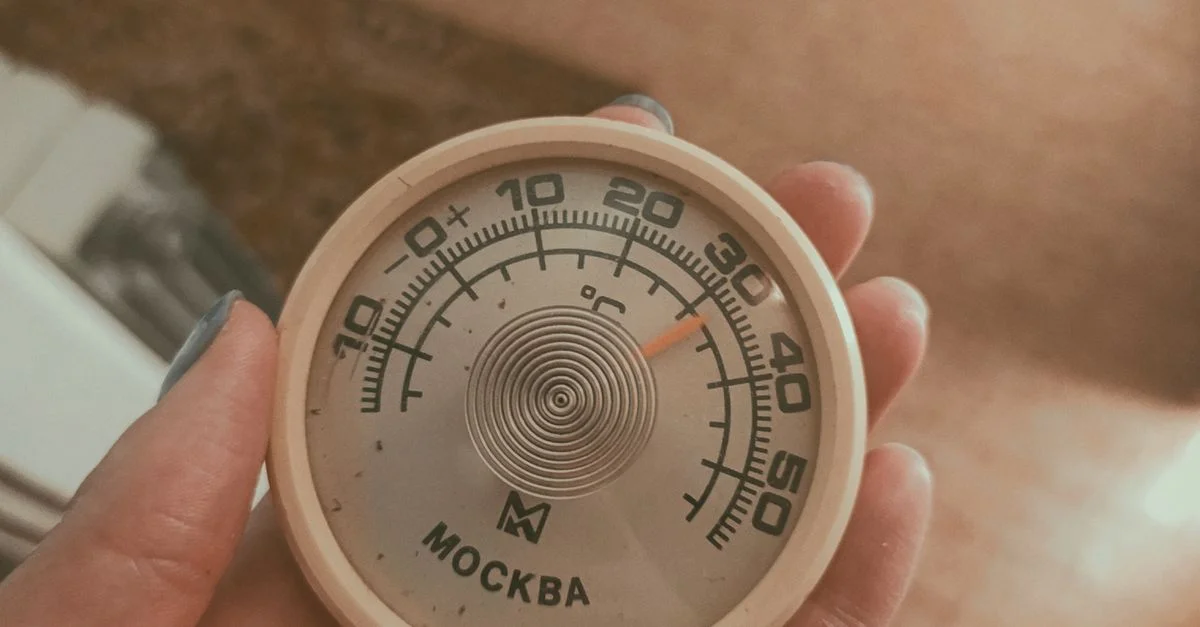 Gros plan sur une main tenant un thermomètre moscovite ancien affichant la température.