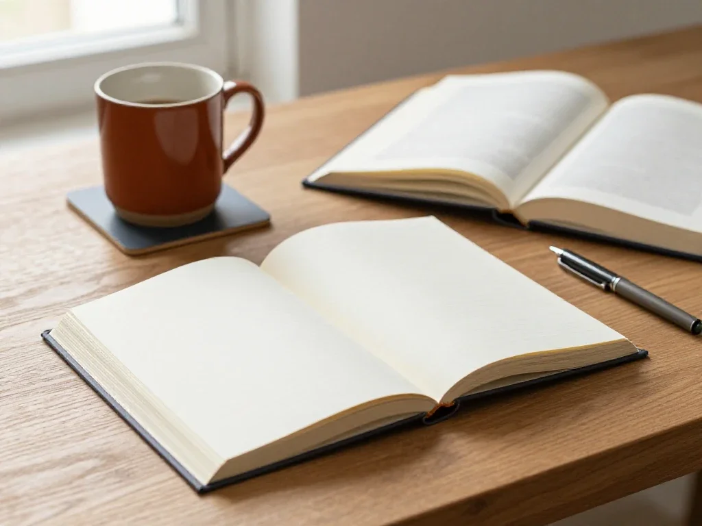 Table de travail baignée de lumière avec livres ouverts et café, évoquant la concentration.